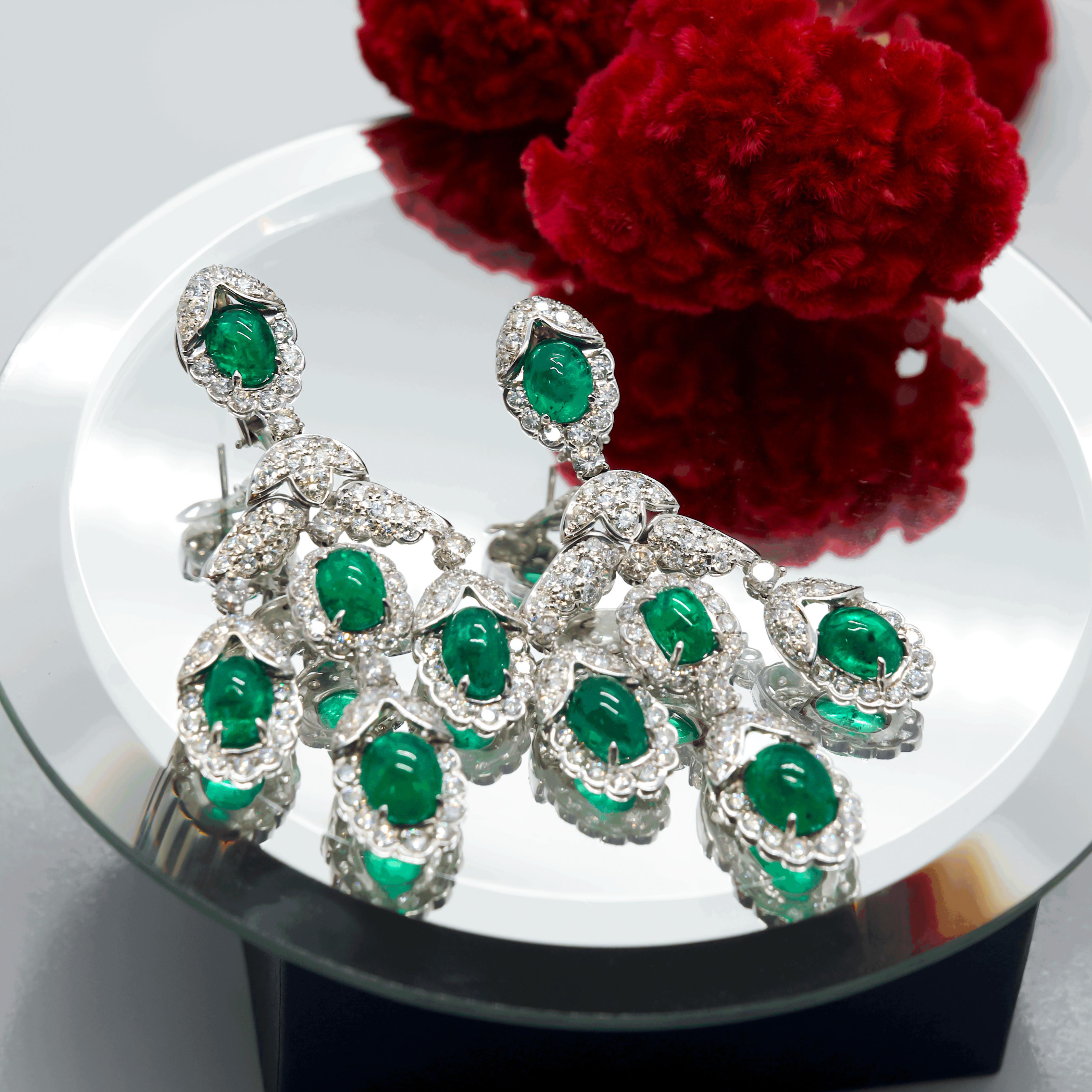 Andreoli Emerald Cabochon Diamond Chandelier Earrings 18 Karat White Gold In New Condition For Sale In New York, NY