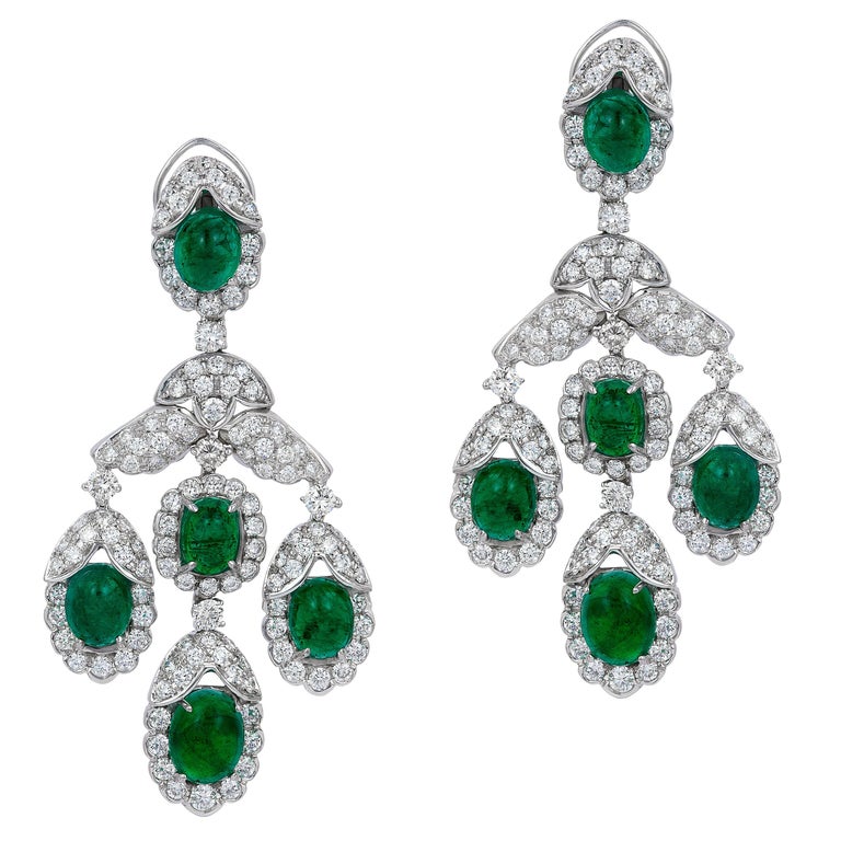 Andreoli Emerald Cabochon Diamond Chandelier Earrings 18 Karat White ...