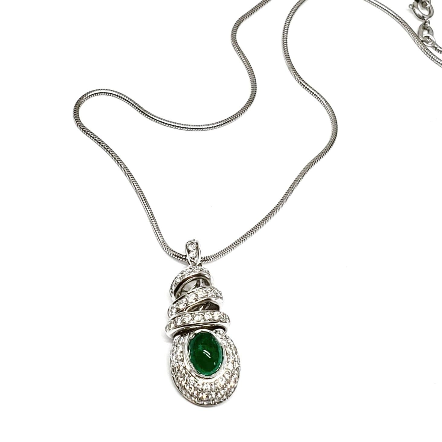 Contemporary Andreoli Emerald Cabochon Diamond Pendant 18 Karat White Gold For Sale