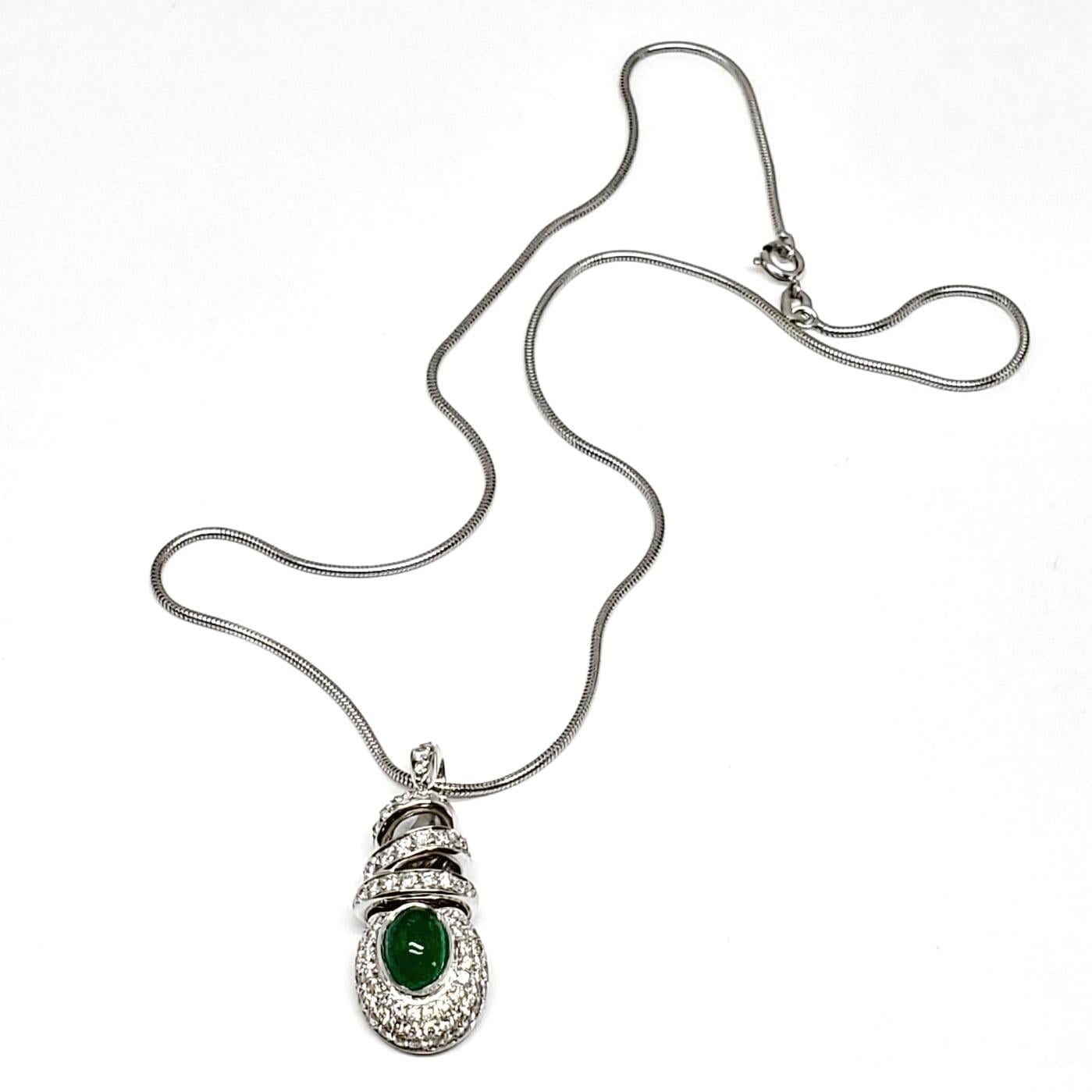 Andreoli Emerald Cabochon Diamond Pendant 18 Karat White Gold In New Condition For Sale In New York, NY