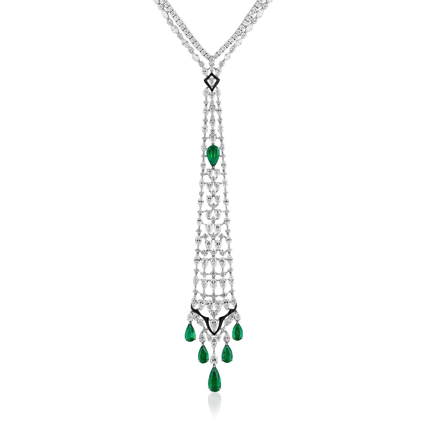 Contemporary Andreoli Emerald Diamond Onyx 18 Karat White Gold Necklace For Sale