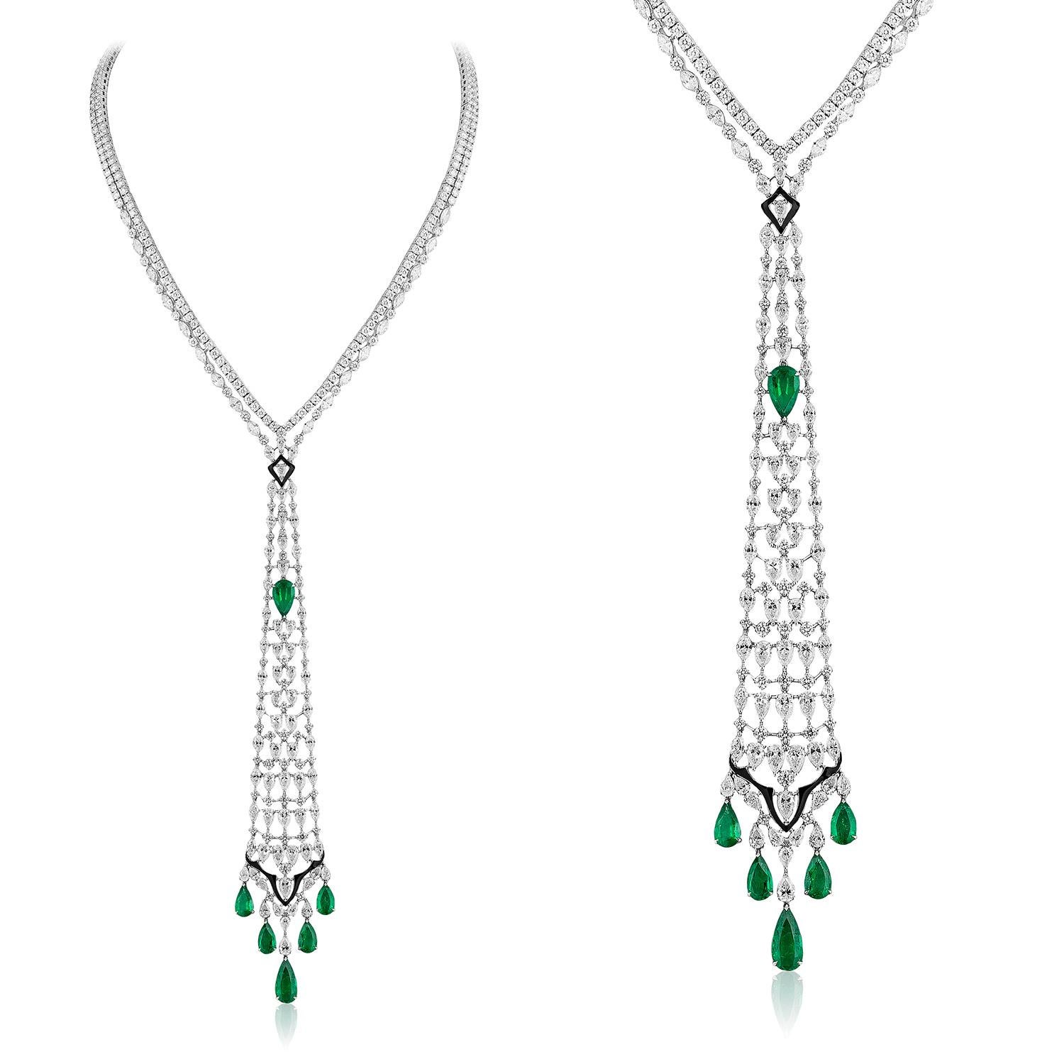 Mixed Cut Andreoli Emerald Diamond Onyx 18 Karat White Gold Necklace For Sale