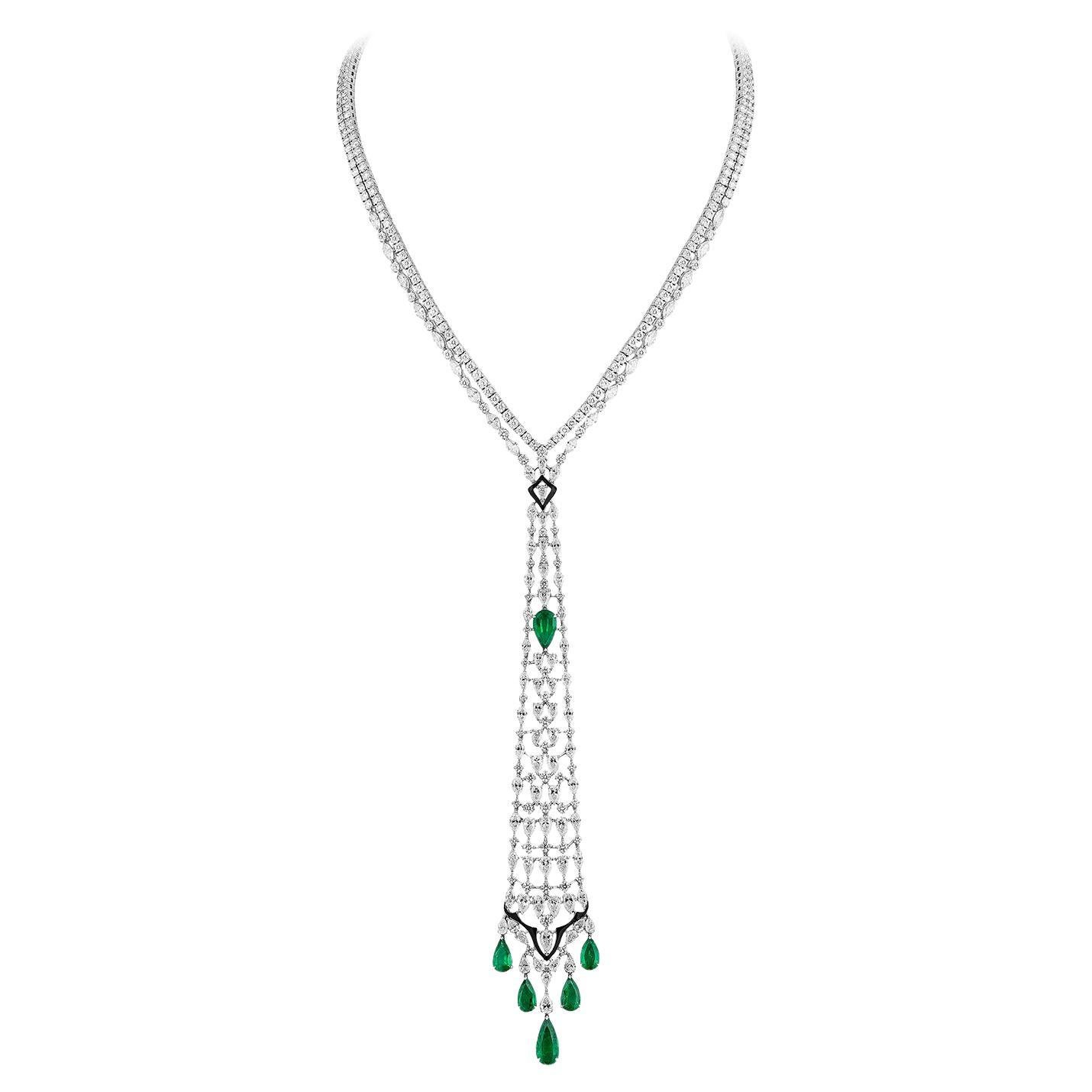 Andreoli Smaragd Diamant Onyx 18 Karat Weißgold Halskette