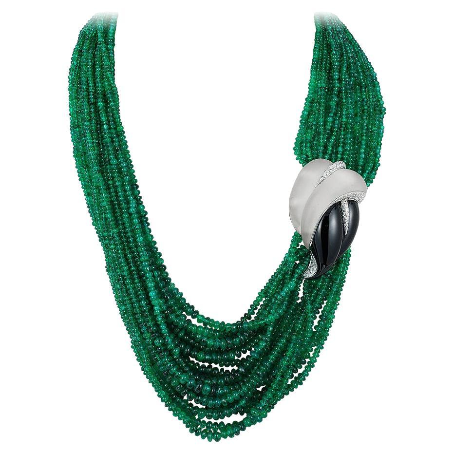 Andreoli Emerald Diamond Onyx Quartz 18 Karat White Gold Necklace For Sale