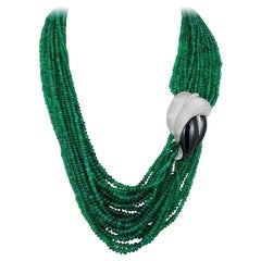 Andreoli Emerald Diamond Onyx Quartz 18 Karat White Gold Necklace