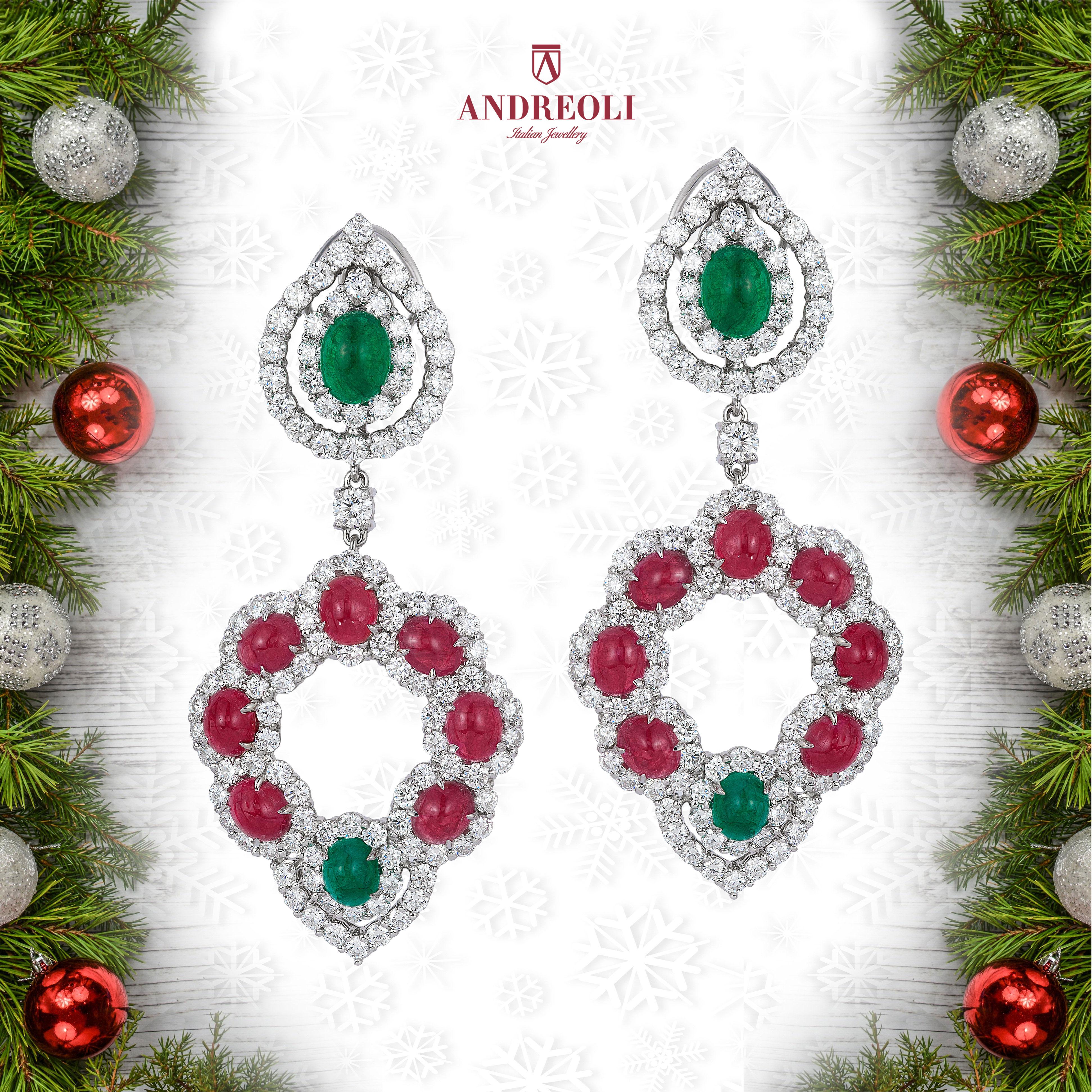 Contemporary Andreoli Emerald Ruby Cabochon Diamond Chandelier Earrings 18 Karat White Gold