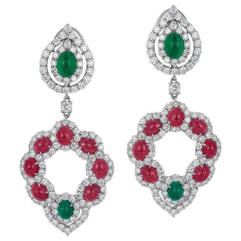 Andreoli Emerald Ruby Cabochon Diamond Chandelier Earrings 18 Karat White Gold