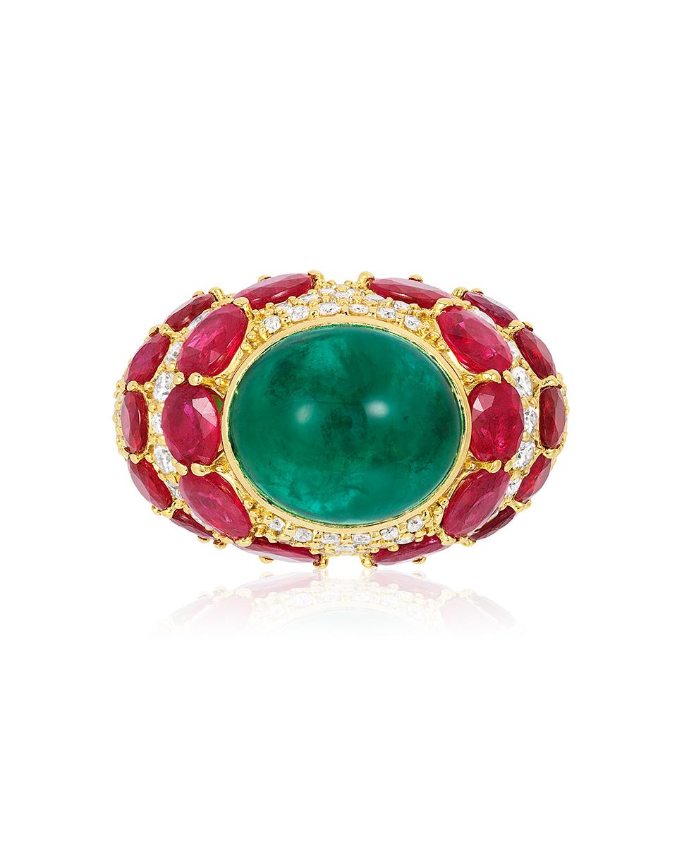 Contemporary Andreoli Emerald Ruby Diamond 18 Karat Yellow Gold Ring For Sale