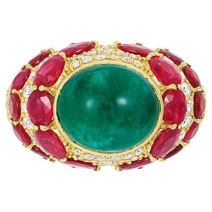 Andreoli Emerald Ruby Diamond 18 Karat Yellow Gold Ring For Sale