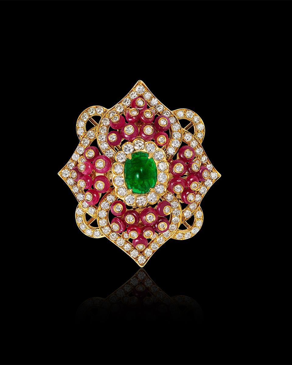 Andreoli Emerald Ruby Diamond Cabochon Bead Art Deco Style 18 Karat Cocktail In New Condition For Sale In New York, NY