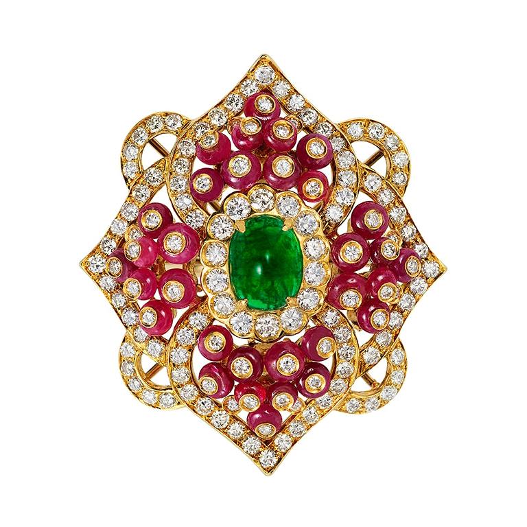 Andreoli Emerald Ruby Diamond Cabochon Bead Art Deco Style 18 Karat  Cocktail For Sale at 1stDibs