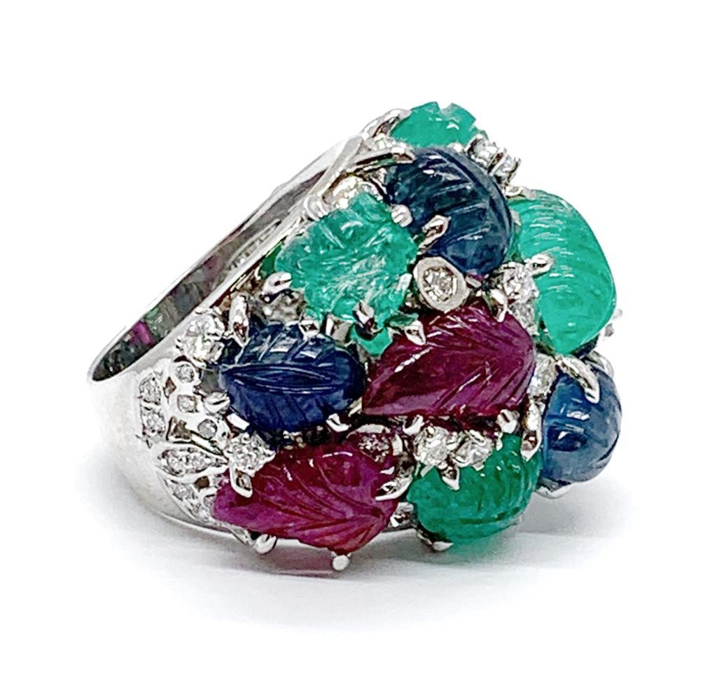 Andreoli Emerald Sapphire Ruby  Diamond 18 Karat White Gold Ring

This ring features:
- 1.25 Carat Diamond
- 7.73 Carat Emerald
- 8.20 Carat Sapphire
- 7.01 Carat Ruby
- 19.50g 18k White Gold
- Made In Italy