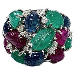 Andreoli Emerald Sapphire Ruby Diamond 18 Karat White Gold Ring