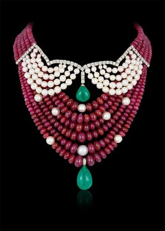 Andreoli Emerald Zambian Drop Cabochon Ruby Burma Akoya Pearl Necklace Diamond