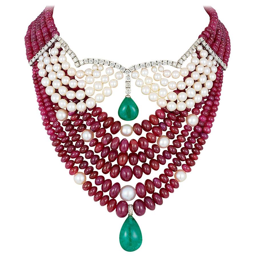 Andreoli Emerald Zambian Drop Cabochon Ruby Burma Akoya Pearl Necklace Diamond For Sale