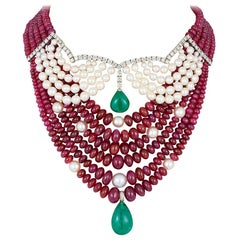 Andreoli Emerald Zambian Drop Cabochon Ruby Burma Akoya Pearl Necklace Diamond