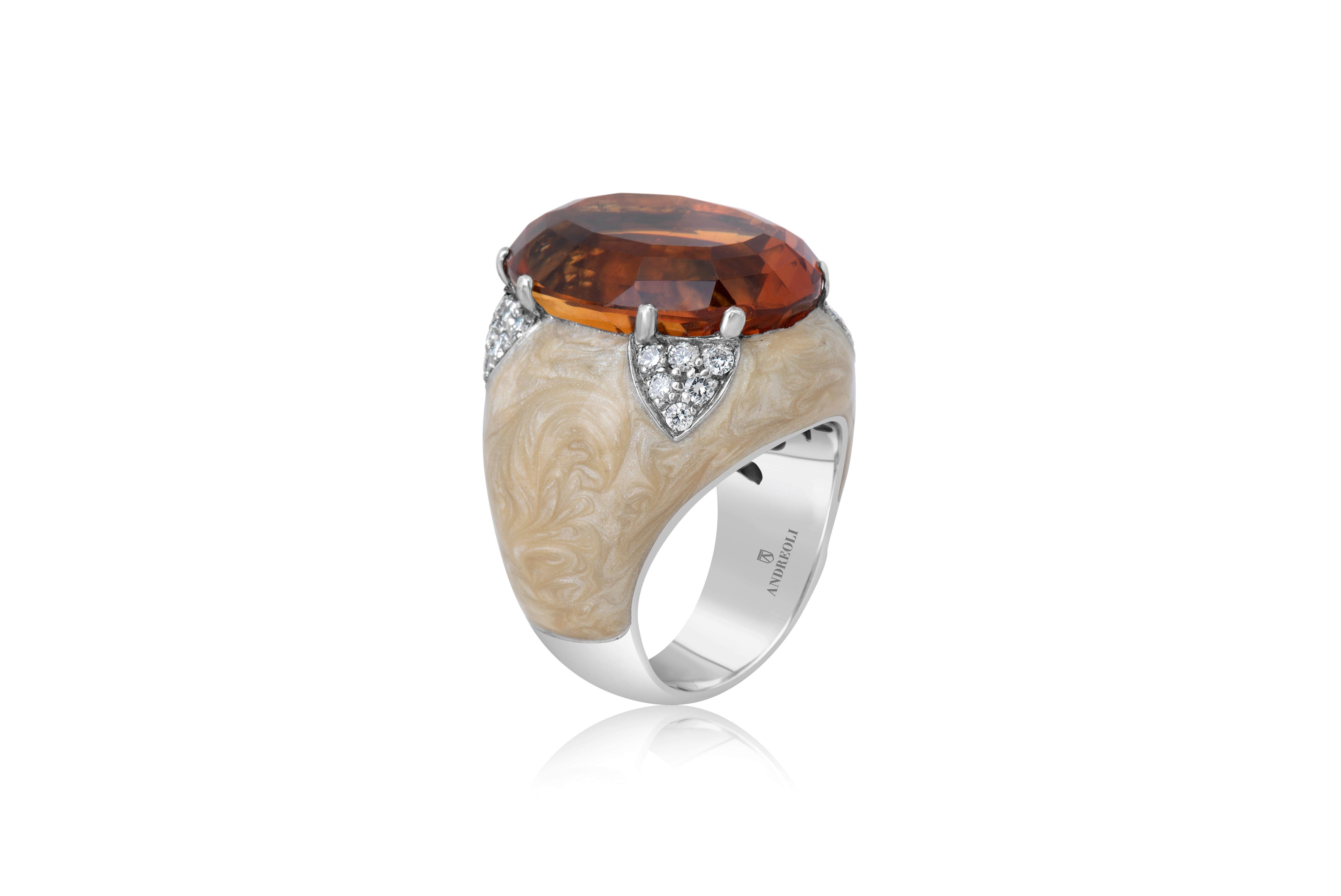 Oval Cut Andreoli Enamel Citrine Diamond Cocktail Ring 18 Karat White Gold Silver Base For Sale