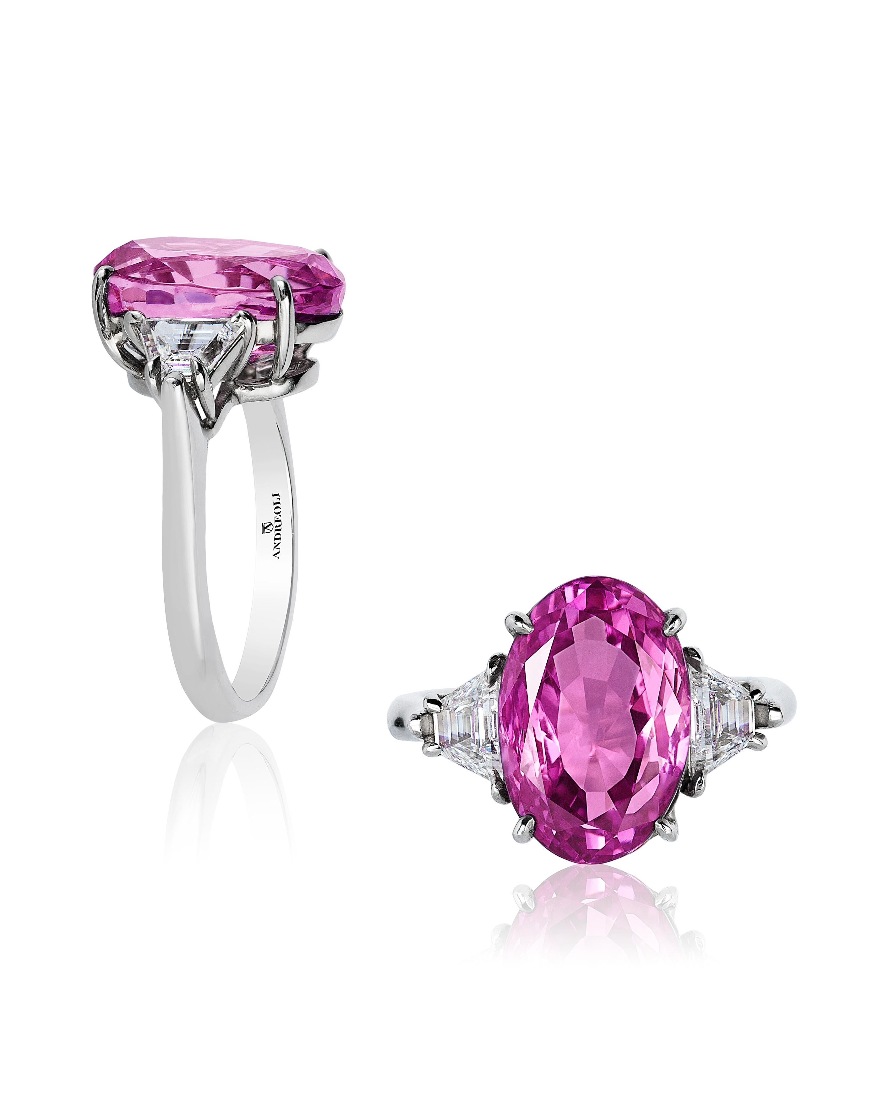 Platinring Andreoli, GIA-zertifizierter 9,39 Karat rosa Saphir, Diamant (Ovalschliff) im Angebot