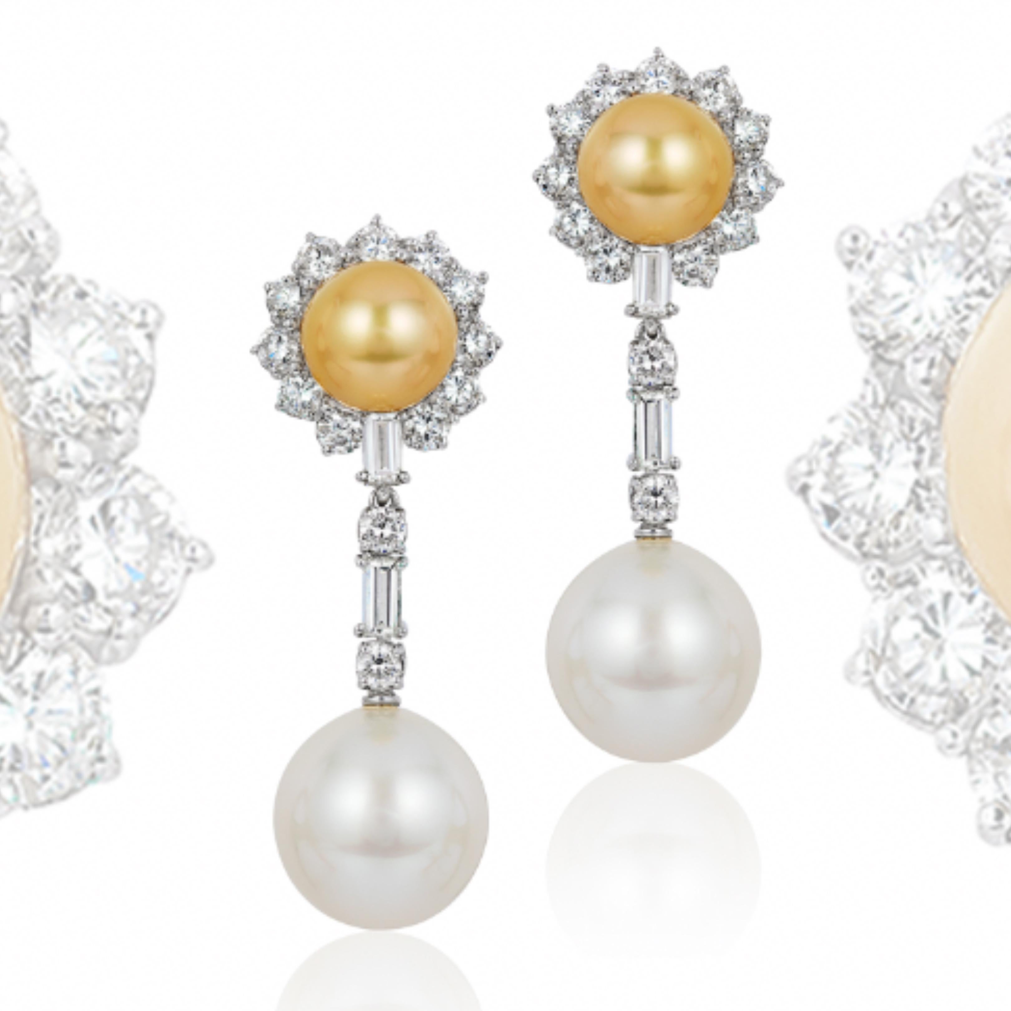 Contemporary Andreoli Golden and White South Sea Pearl Drop and Stud Diamond Earrings 18kt For Sale