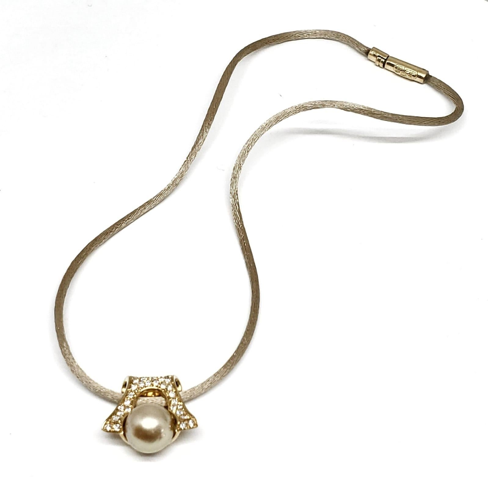Contemporary Andreoli Golden South Sea Pearl Pendant Diamond Satin Silk Cord 18 Karat Gold For Sale
