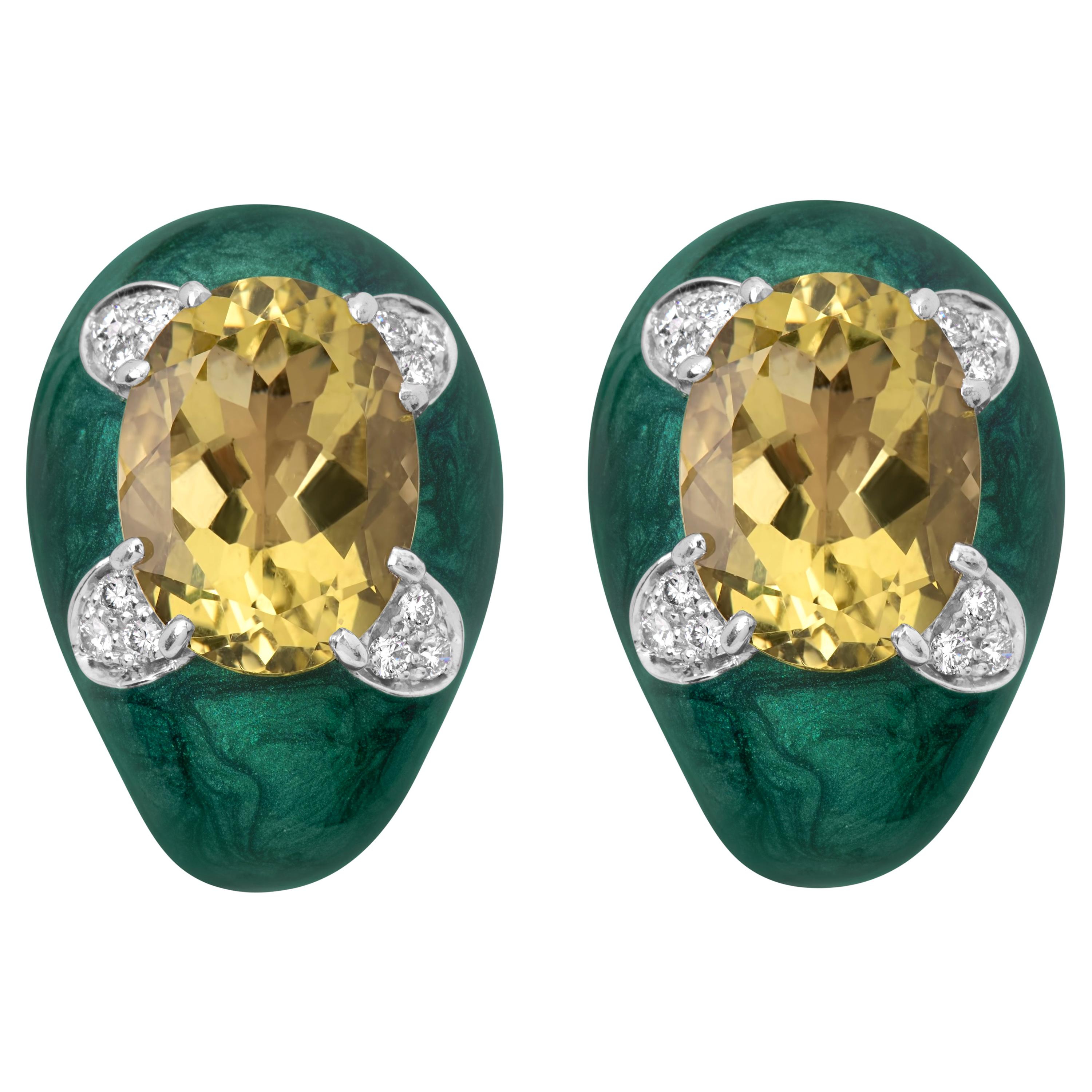 Andreoli Green Enamel Lemon Citrine Diamond Clip-On Earrings 18 Karat Silver For Sale