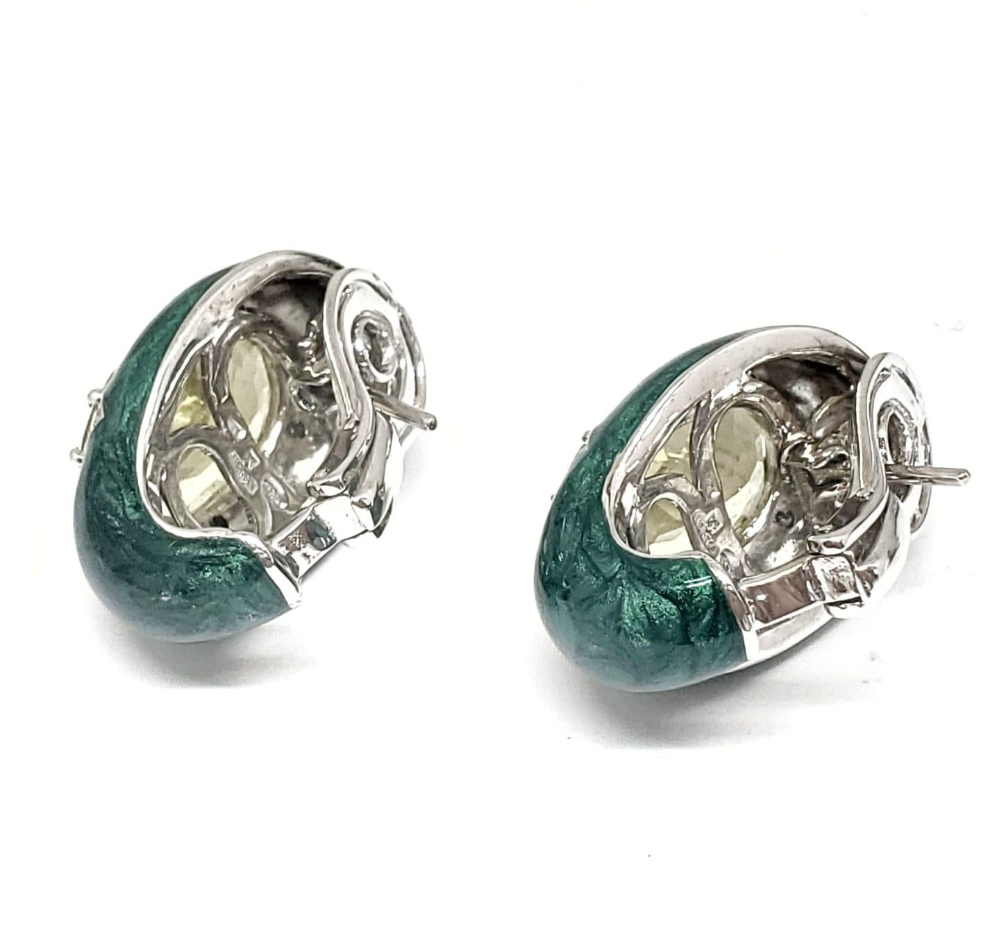 Oval Cut Andreoli Green Enamel Lemon Citrine Diamond Clip-On Earrings 18 Karat Silver For Sale