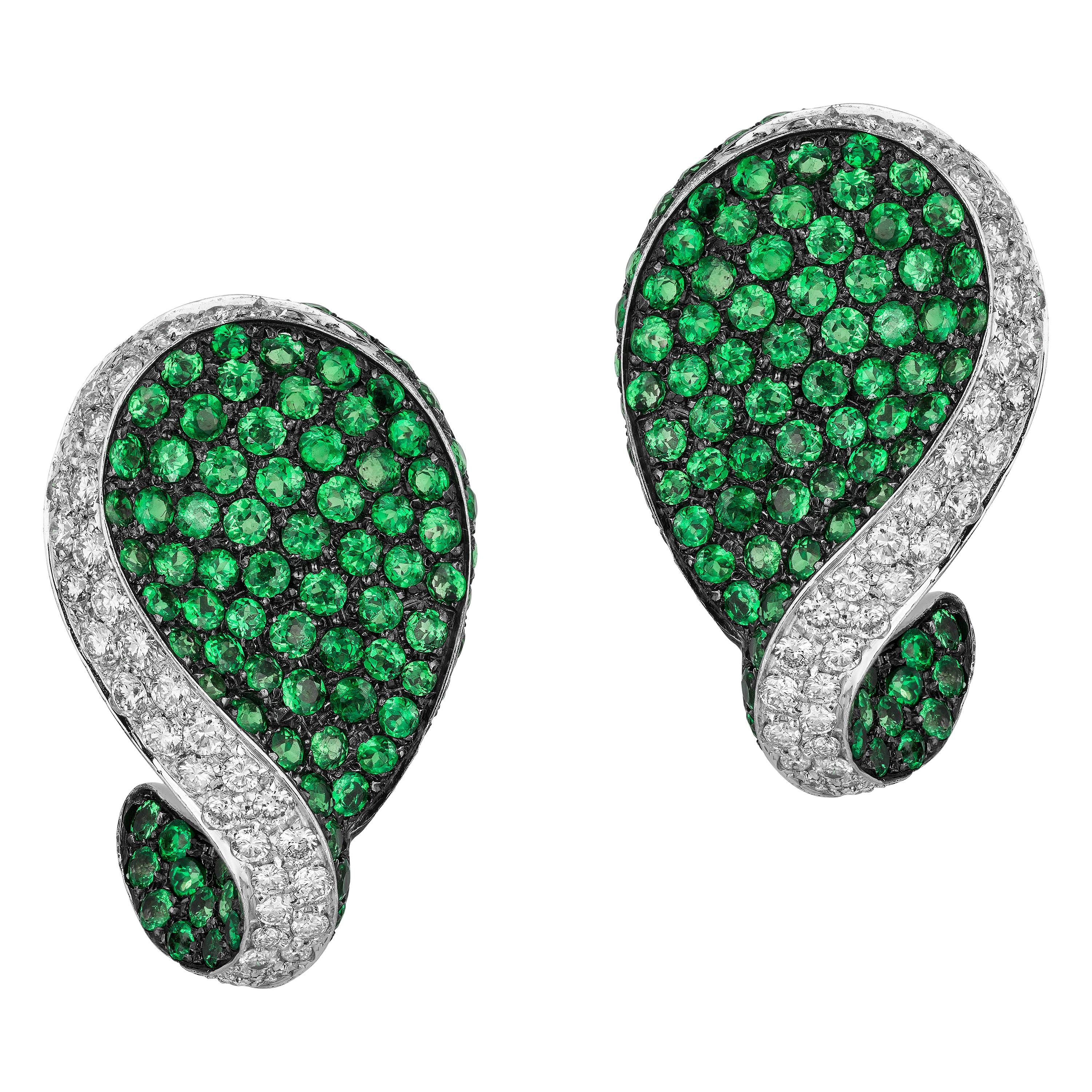 Andreoli Green Tsavorite Garnet Diamond Clip-On Earrings 18 Karat White Gold