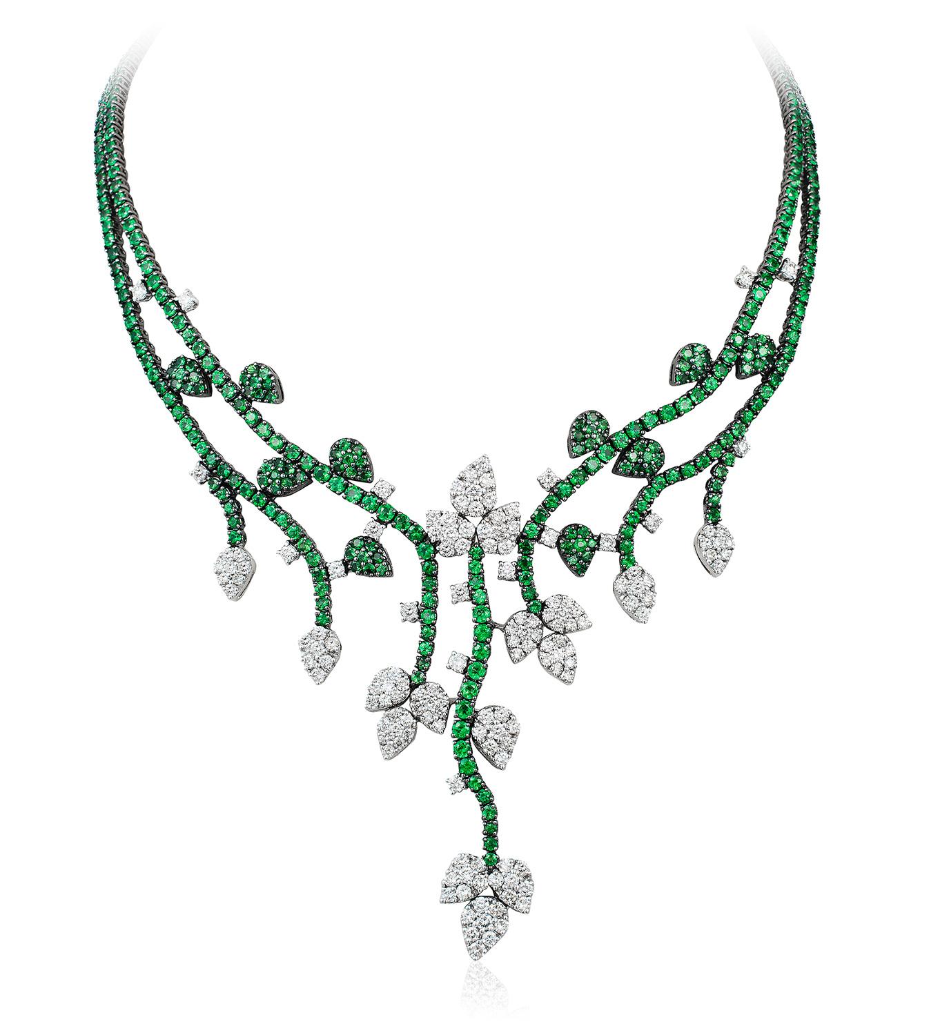 Andreoli Green Tsavorite Garnet Diamond Flower Vine Dangle Earrings 18 Karat White Gold. This necklace features 9.19 carats of F-G-H Color VS-SI Clarity Brilliant round full cut diamonds and 20.35 carats of electric green round tsavorite garnet. Set