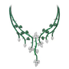 Andreoli Green Tsavorite Garnet Diamond Flower Vine Necklace 18 Karat White Gold