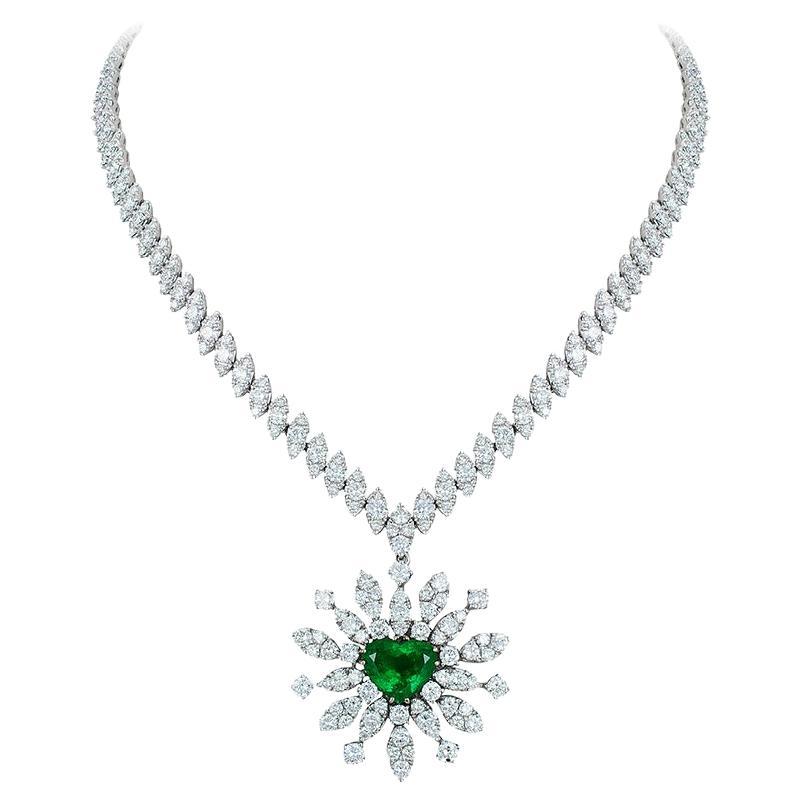 Andreoli Heart Shape Colombian Cert Emerald Diamond 18 Karat White Gold Necklace For Sale
