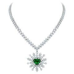 Andreoli Heart Shape Colombian Cert Emerald Diamond 18 Karat White Gold Necklace