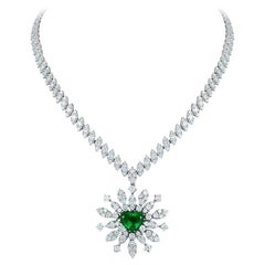 Andreoli Heart Shape Colombian Cert Emerald Diamond 18 Karat White Gold Necklace