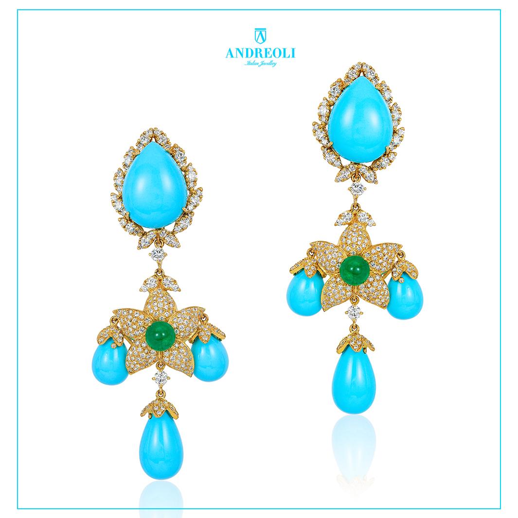 Andreoli Italian Turquoise Diamond Emerald Earrings 18 Karat Yellow Gold In New Condition In New York, NY