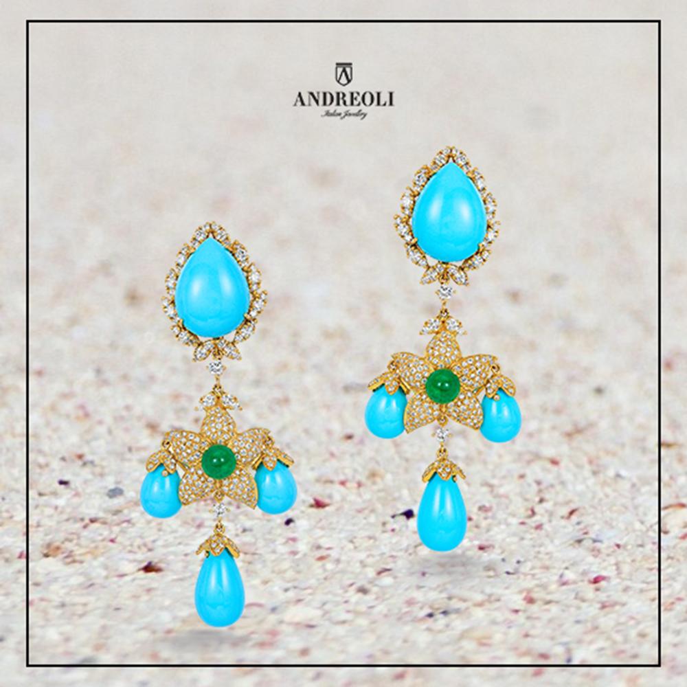 Women's Andreoli Italian Turquoise Diamond Emerald Earrings 18 Karat Yellow Gold