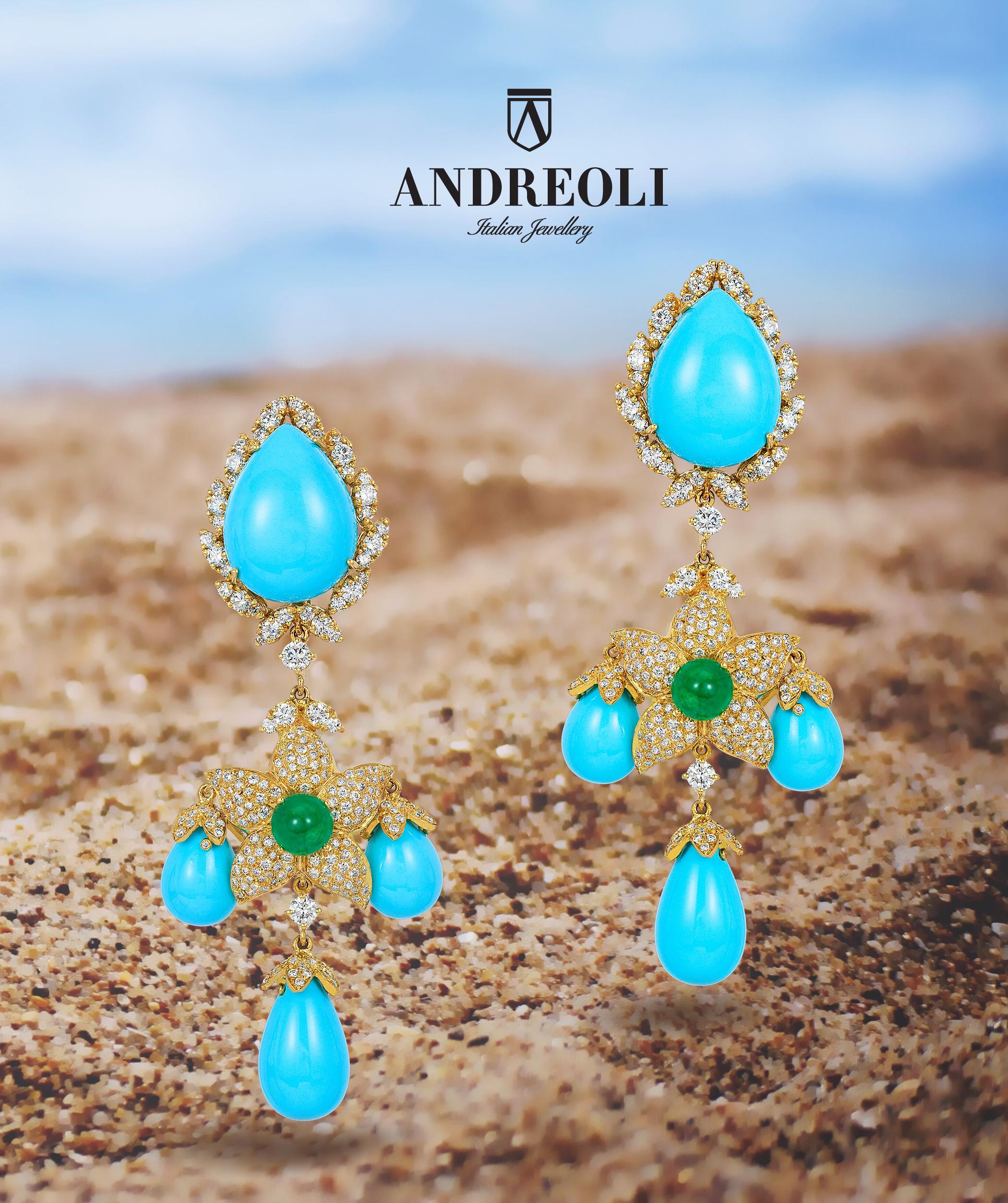 Andreoli Italian Turquoise Diamond Emerald Earrings 18 Karat Yellow Gold 1