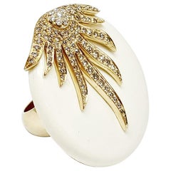 Andreoli Ivory Agate White and Cognac Diamond Cocktail Ring 18 Karat Yellow Gold