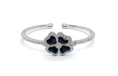 Andreoli Onyx Diamond 18 Karat White Gold Clover Bracelet