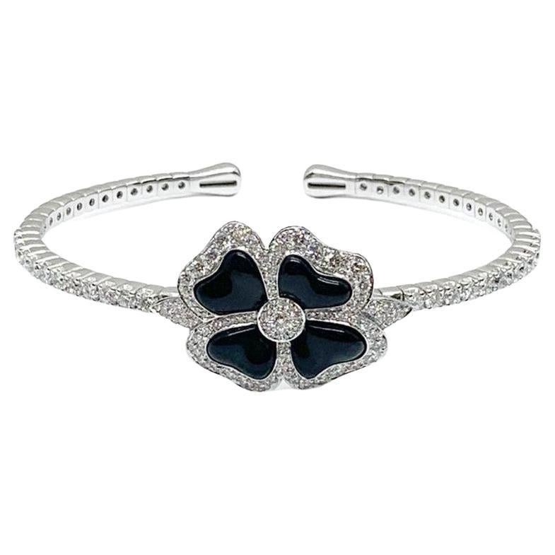 Andreoli Onyx Diamond 18 Karat White Gold Clover Bracelet For Sale