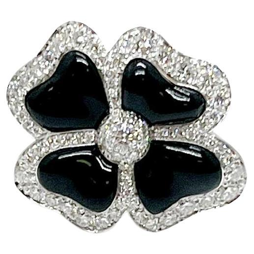 Andreoli Onyx Diamond 18 Karat White Gold Clover Ring For Sale