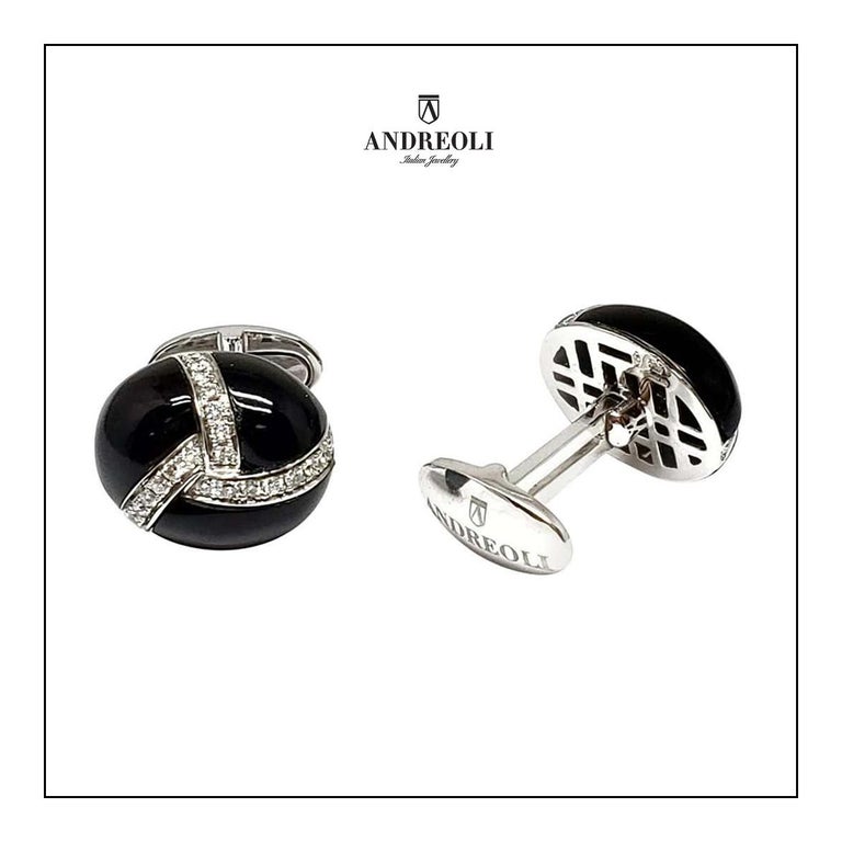 Andreoli Onyx Diamond Men’s Cufflinks 18 Karat White Gold In New Condition For Sale In New York, NY