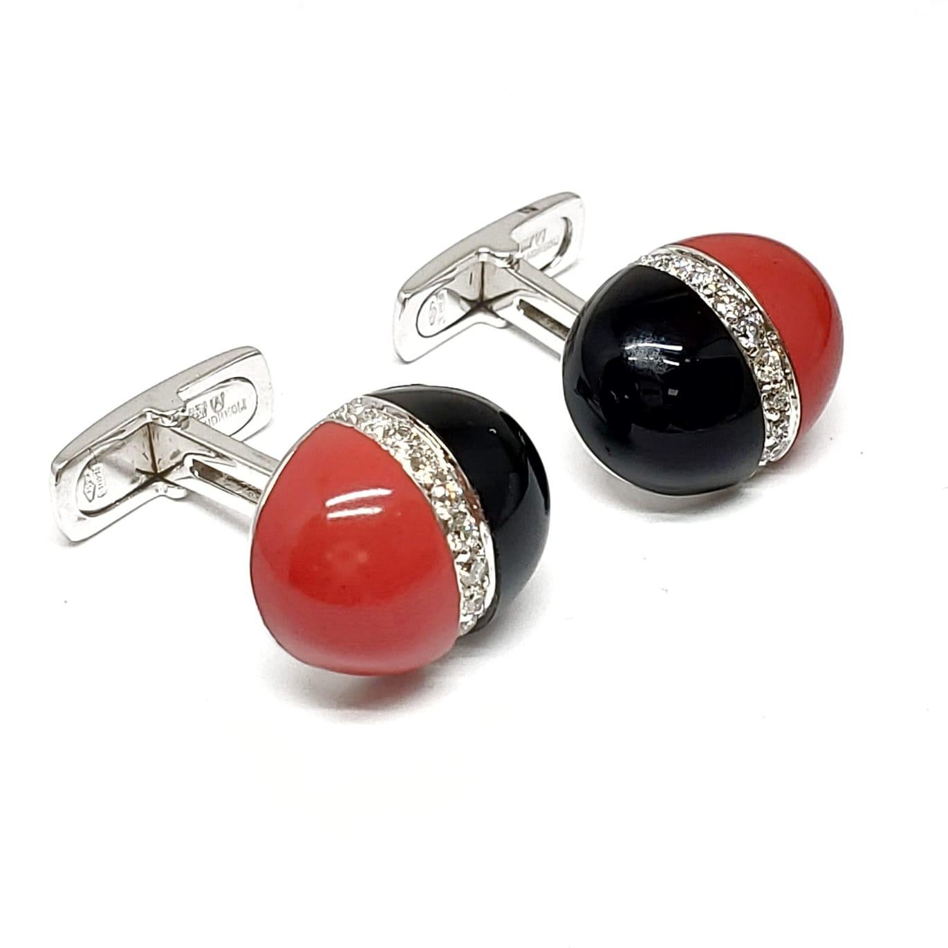 Contemporary Andreoli Onyx Diamond Italian Coral Men's Cufflinks 18 Karat White Gold