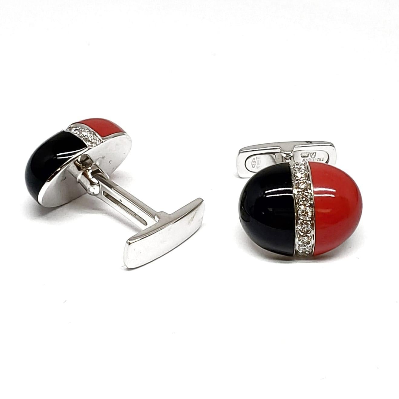 Cabochon Andreoli Onyx Diamond Italian Coral Men's Cufflinks 18 Karat White Gold