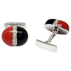 Andreoli Onyx Diamond Italian Coral Men's Cufflinks 18 Karat White Gold