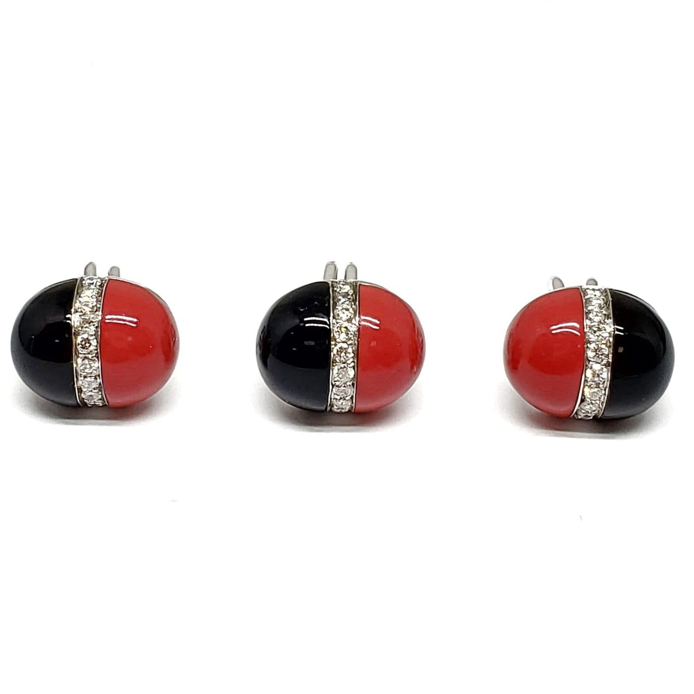 Andreoli Onyx Diamond Reconstitued Coral Mens Shirt Tuxedo Studs 18k White Gold

These Andreoli shirt tuxedo studs features:
- 0.51 carat Diamond
- Onyx
- Reconstituted Italian Coral
- 18 Karat White Gold
- Made in Italy
- Matching cufflinks