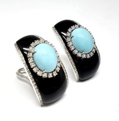 Andreoli Onyx Diamond Italian Turquoise Clip-On 18 Karat Gold Earrings