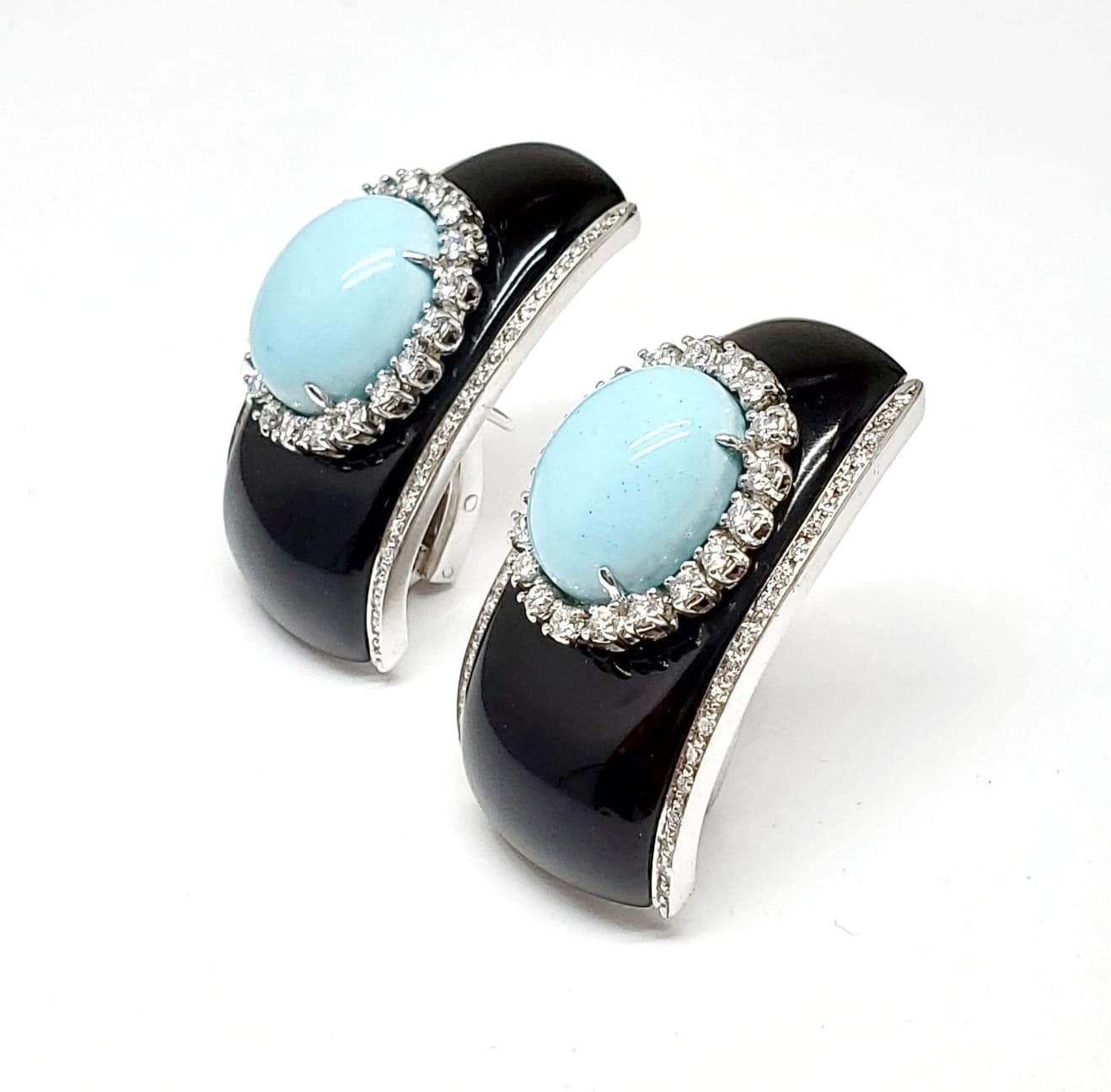 Contemporain Andreoli Onyx Diamant Turquoise Italienne Boucles d'oreilles à clip en or 18 carats en vente