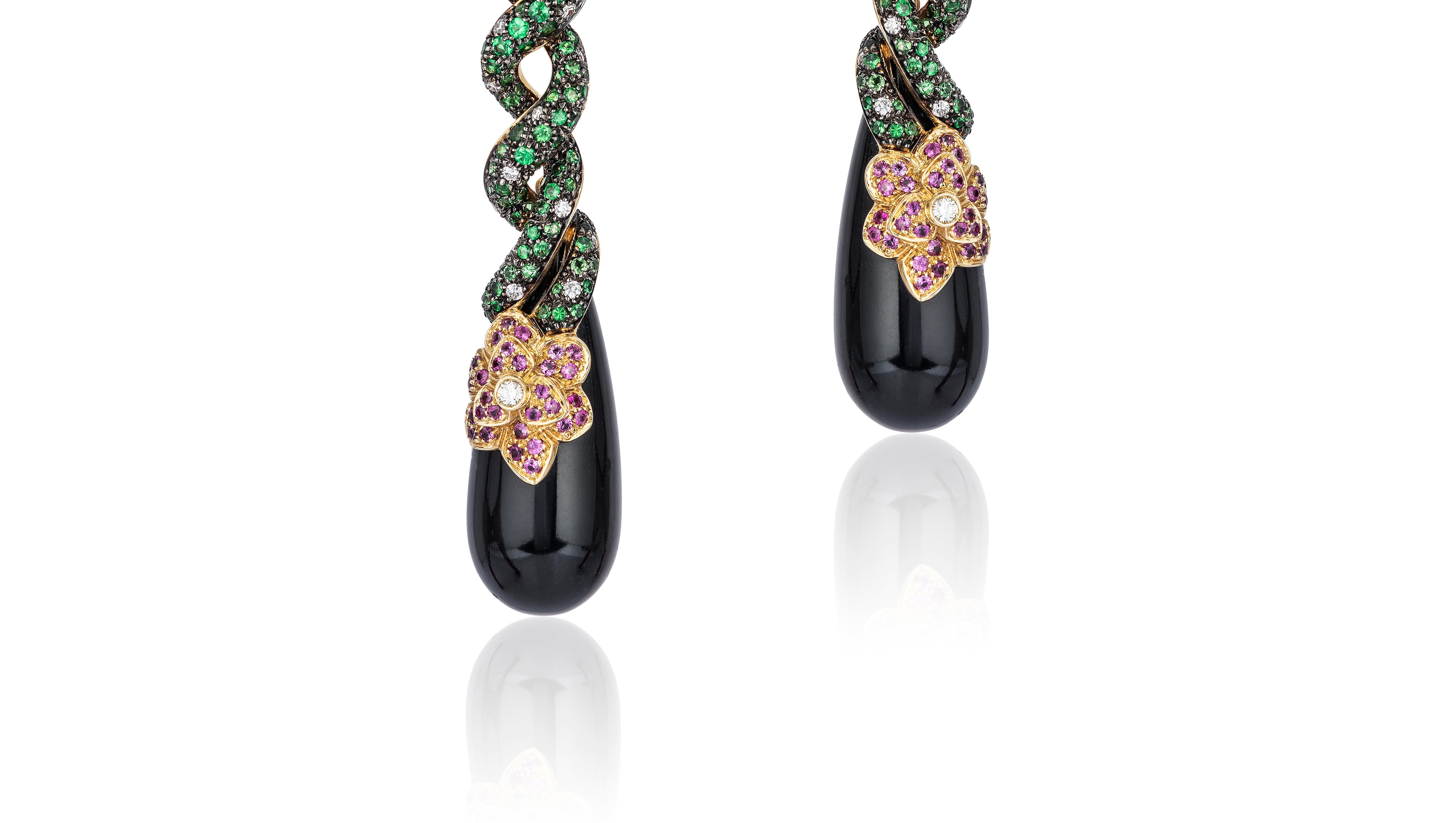 Andreoli Onyx Snake Diamond Tsavorite Pink Sapphire Drop Earrings 18KT Yellow Gold. The snake features 0.57 carats of full round brilliant cut diamonds. The diamonds are F/G/H in Color, VS-SI in Clarity. The snake is also accented with 3.37 carats