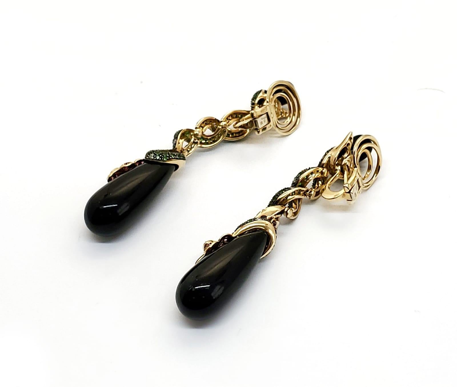 Contemporary Andreoli Onyx Snake Diamond Tsavorite Pink Sapphire Drop Earrings 18 Karat Gold For Sale