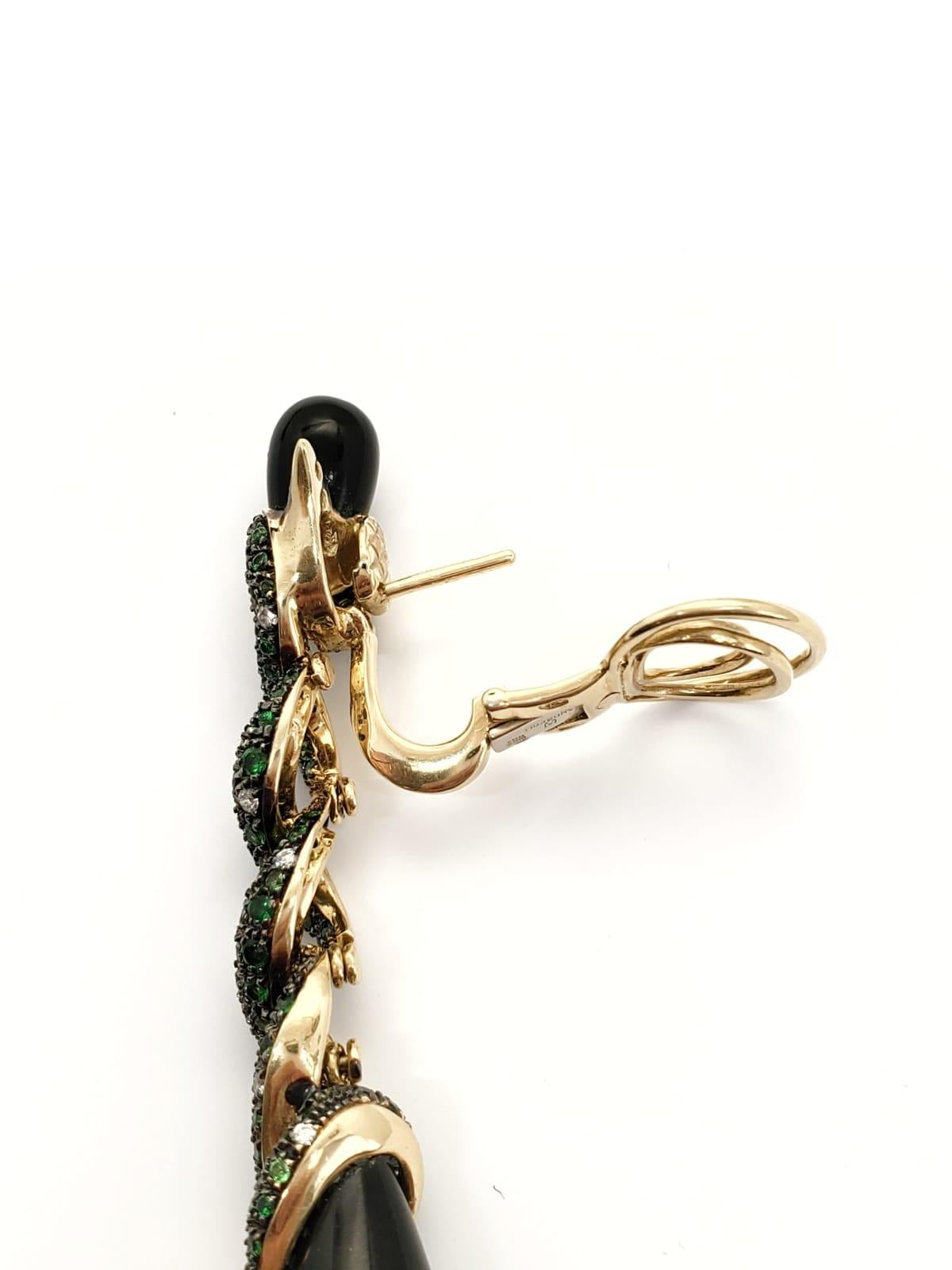 Andreoli Onyx Snake Diamond Tsavorite Pink Sapphire Drop Earrings 18 Karat Gold In New Condition For Sale In New York, NY