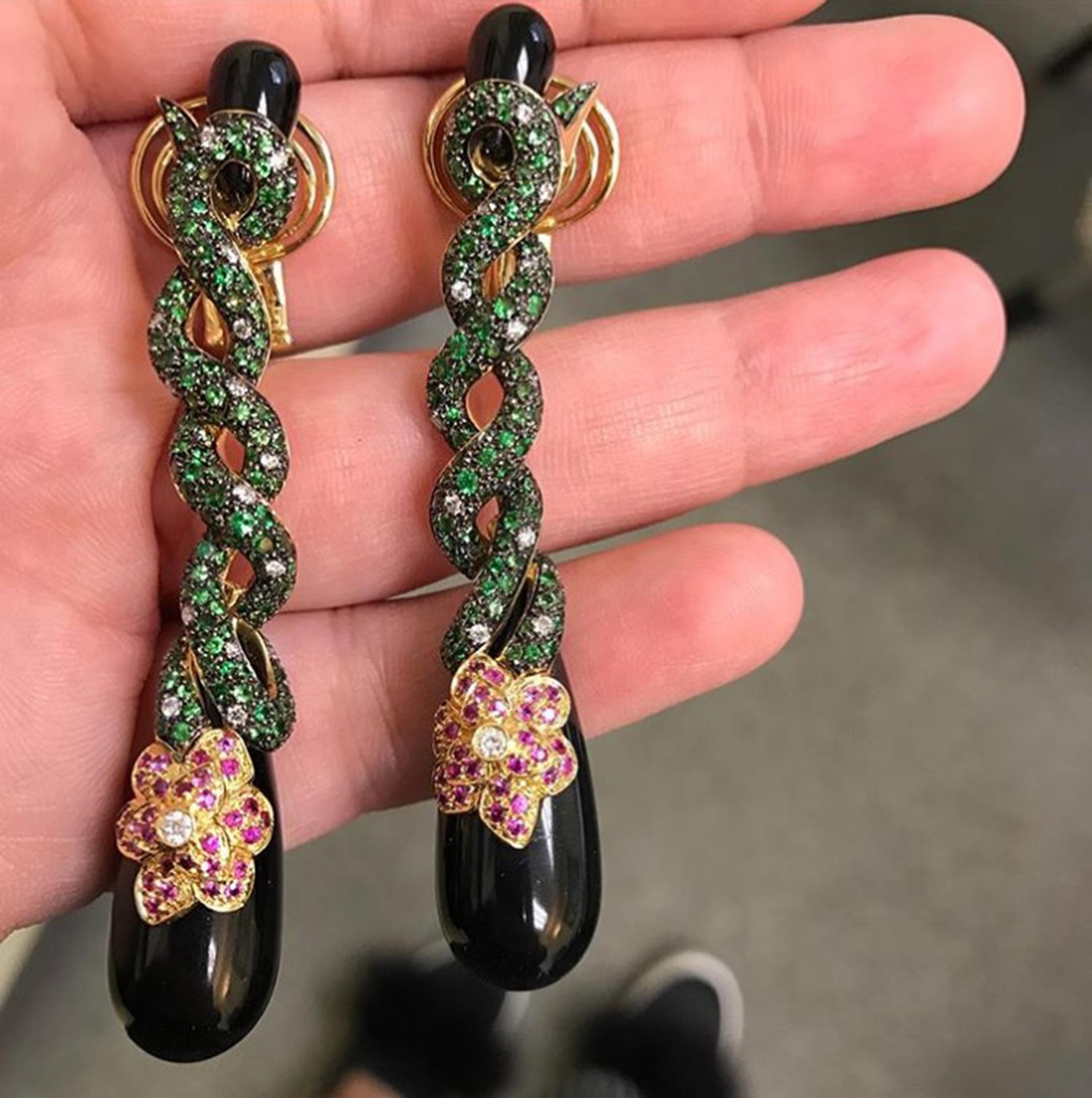 Women's Andreoli Onyx Snake Diamond Tsavorite Pink Sapphire Drop Earrings 18 Karat Gold For Sale